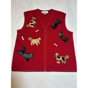 Lisa International dog lover 100% boiled wool vintage vest Large zip fluffy tail